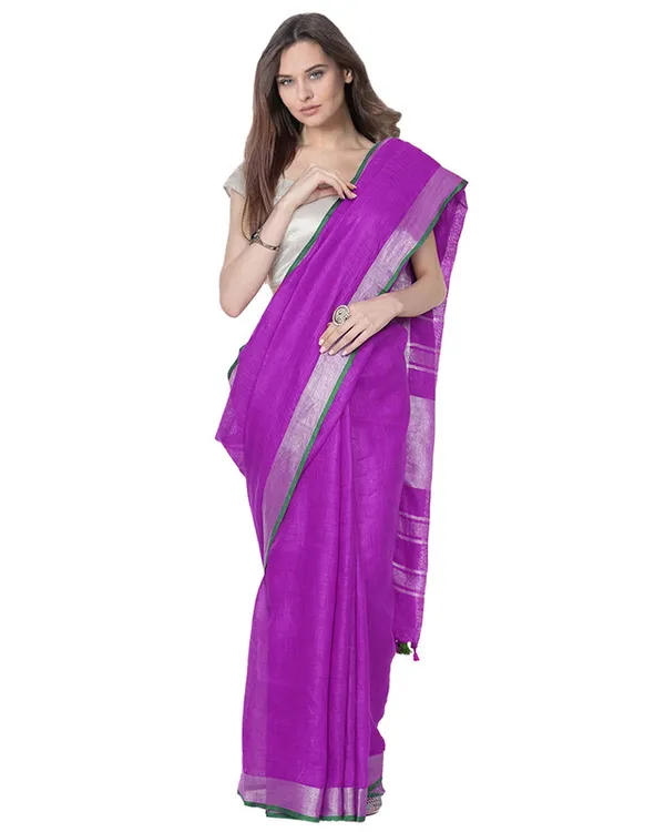 Electric_Purple_women's_Bhagalpuri_Handloom_Cotton_Linen_Blend_Saree_With_Contrast_Unstiched_Blouse_Piece