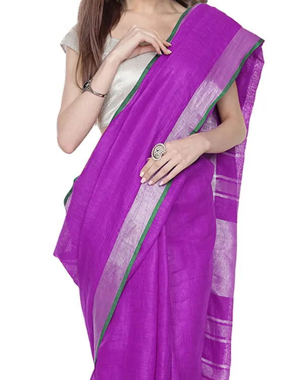 Electric_Purple_women's_Bhagalpuri_Handloom_Cotton_Linen_Blend_Saree_With_Contrast_Unstiched_Blouse_Piece