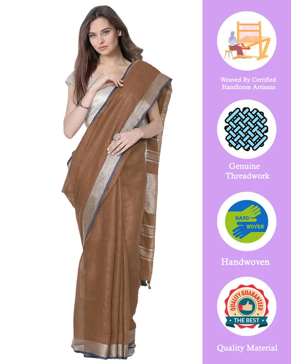 Brown_women's_Bhagalpuri_Handloom_Cotton_Linen_Blend_Saree_With_Contrast_Unstiched_Blouse_Piece