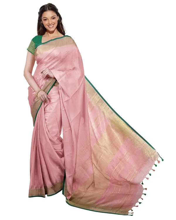 Baby_Pink_women's_Bhagalpuri_Handloom_Cotton_Linen_Blend_Saree_With_Contrast_Unstiched_Blouse_Piece
