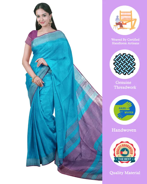 Cyan_women's_Bhagalpuri_Handloom_Cotton_Linen_Blend_Saree_With_Contrast_Unstiched_Blouse_Piece