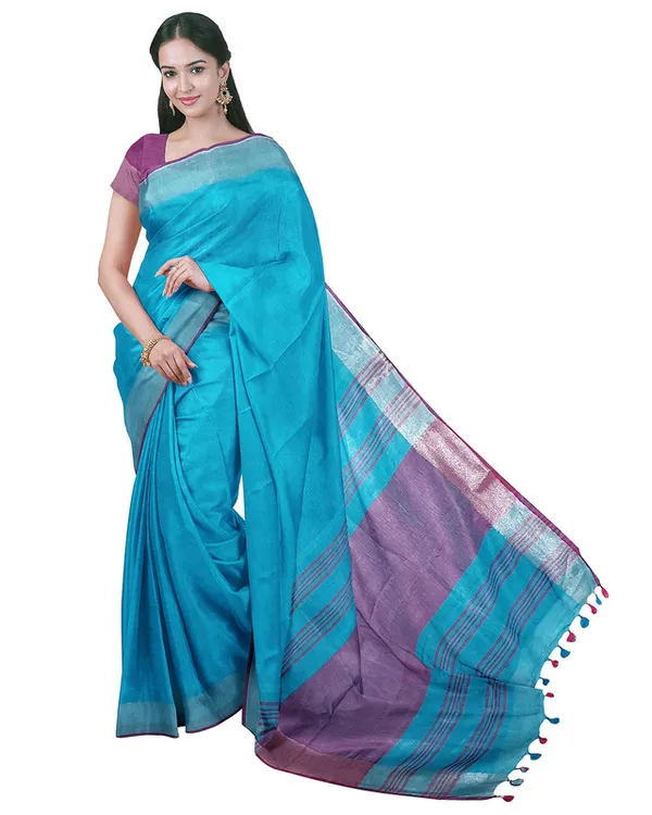 Cyan_women's_Bhagalpuri_Handloom_Cotton_Linen_Blend_Saree_With_Contrast_Unstiched_Blouse_Piece