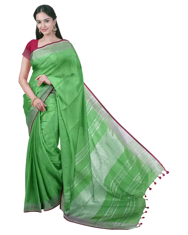 Fine_Green_women's_Bhagalpuri_Handloom_Cotton_Linen_Blend_Saree_With_Contrast_Unstiched_Blouse_Piece