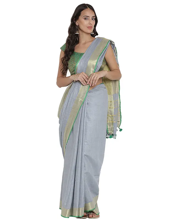 Vista_Grey_women's_Bhagalpuri_Handloom_Cotton_Linen_Blend_Saree_With_Contrast_Unstiched_Blouse_Piece