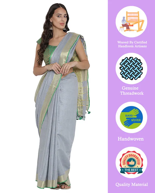 Vista_Grey_women's_Bhagalpuri_Handloom_Cotton_Linen_Blend_Saree_With_Contrast_Unstiched_Blouse_Piece