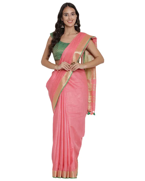 Flamingo_Pink_women's_Bhagalpuri_Handloom_Cotton_Linen_Blend_Saree_With_Contrast_Unstiched_Blouse_Piece