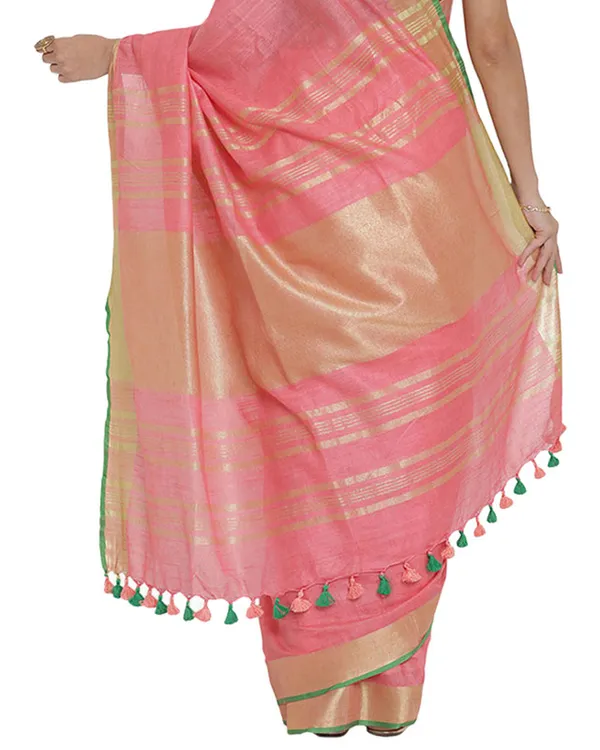Flamingo_Pink_women's_Bhagalpuri_Handloom_Cotton_Linen_Blend_Saree_With_Contrast_Unstiched_Blouse_Piece