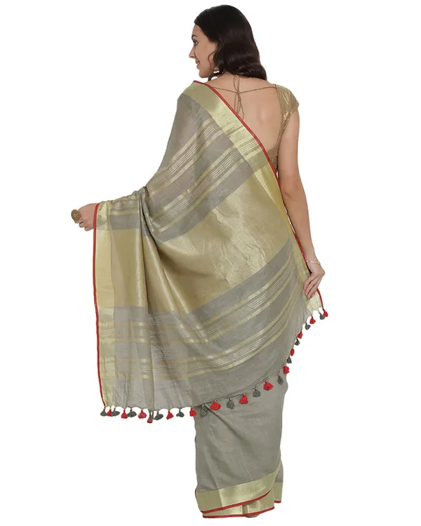Rusty_Grey_women's_Bhagalpuri_Handloom_Cotton_Linen_Blend_Saree_With_Contrast_Unstiched_Striped_Blouse_Piece