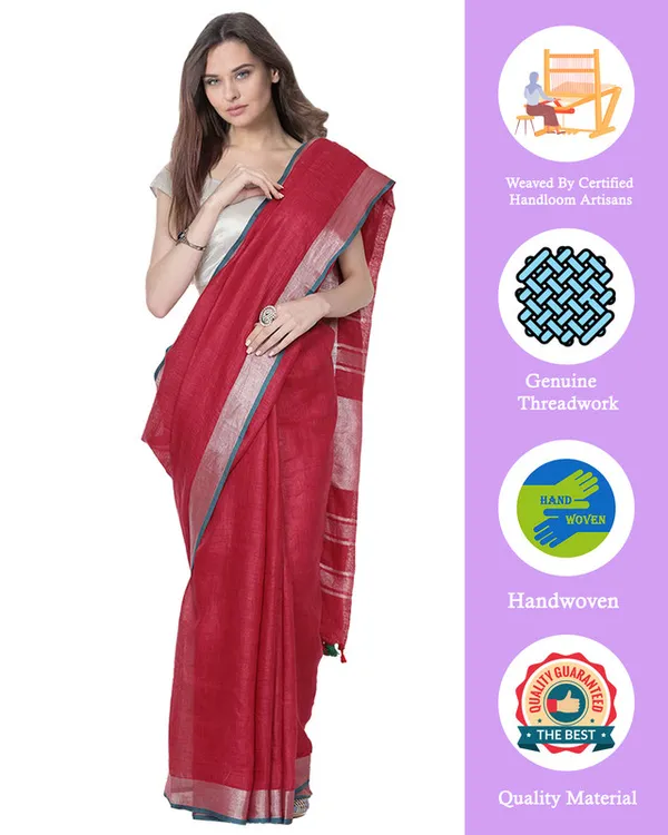 Cardinal_Red_women's_Bhagalpuri_Handloom_Cotton_Linen_Blend_Saree_With_Contrast_Unstiched_Blouse_Piece