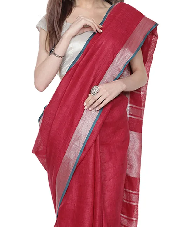 Cardinal_Red_women's_Bhagalpuri_Handloom_Cotton_Linen_Blend_Saree_With_Contrast_Unstiched_Blouse_Piece