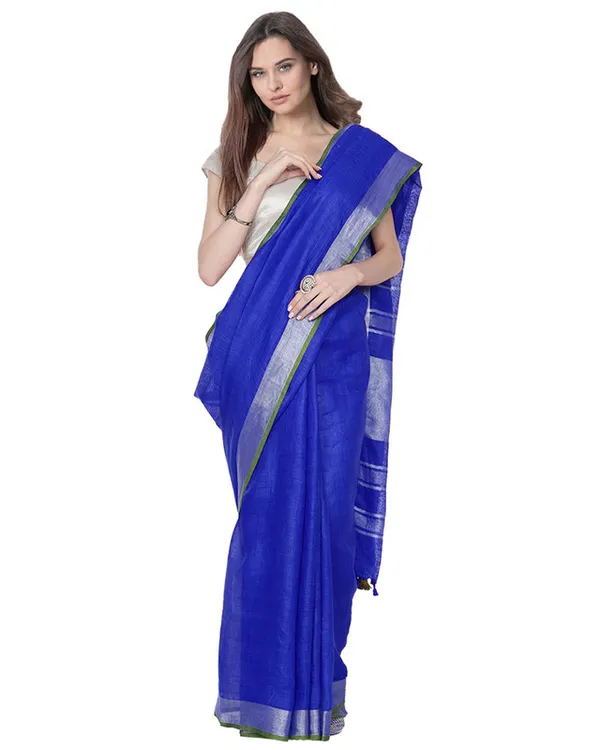 Duke_Blue_women's_Bhagalpuri_Handloom_Cotton_Linen_Blend_Saree_With_Contrast_Unstiched_Blouse_Piece
