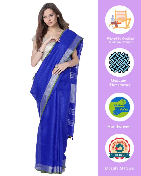 Duke_Blue_women's_Bhagalpuri_Handloom_Cotton_Linen_Blend_Saree_With_Contrast_Unstiched_Blouse_Piece