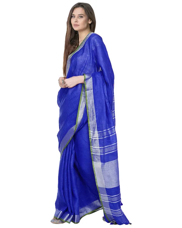 Duke_Blue_women's_Bhagalpuri_Handloom_Cotton_Linen_Blend_Saree_With_Contrast_Unstiched_Blouse_Piece