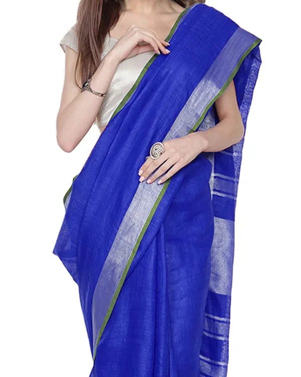 Duke_Blue_women's_Bhagalpuri_Handloom_Cotton_Linen_Blend_Saree_With_Contrast_Unstiched_Blouse_Piece