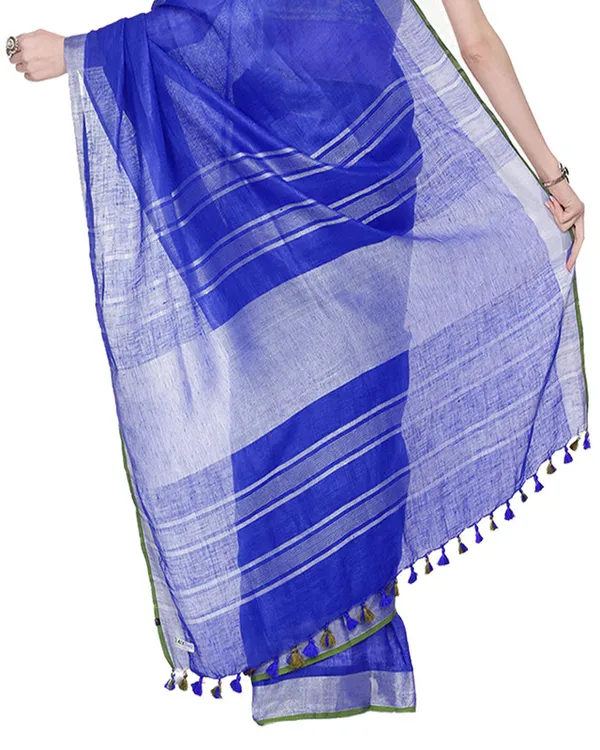 Duke_Blue_women's_Bhagalpuri_Handloom_Cotton_Linen_Blend_Saree_With_Contrast_Unstiched_Blouse_Piece