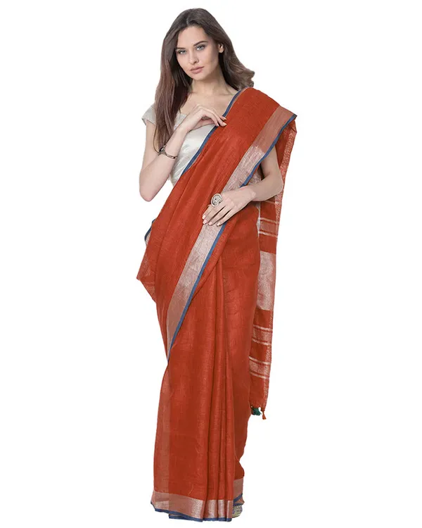 Bhagalpuri_Handloom_Cotton_Linen_Blend_Saree_With_Contrast_Unstiched_Blouse_Piece