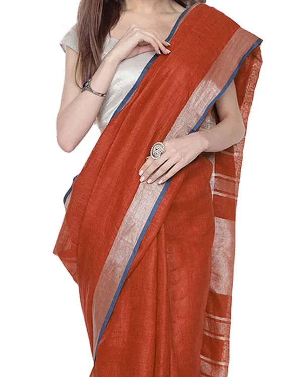 Bhagalpuri_Handloom_Cotton_Linen_Blend_Saree_With_Contrast_Unstiched_Blouse_Piece