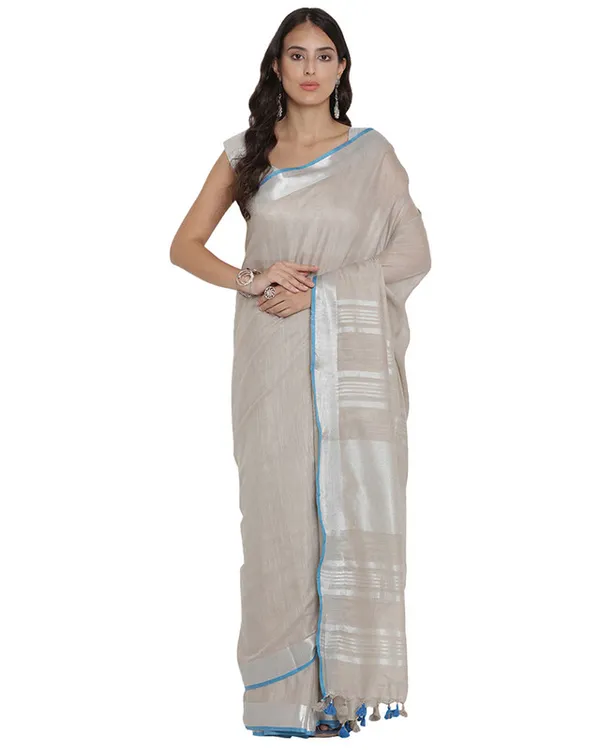 Dun_Brown_women's_Bhagalpuri_Handloom_Cotton_Linen_Blend_Saree_With_Contrast_Unstiched_Blouse_Piece