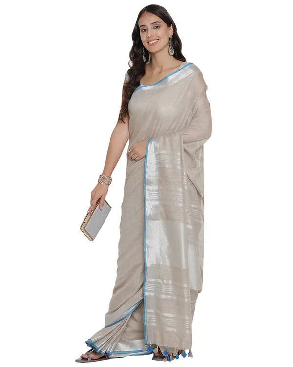 Dun_Brown_women's_Bhagalpuri_Handloom_Cotton_Linen_Blend_Saree_With_Contrast_Unstiched_Blouse_Piece