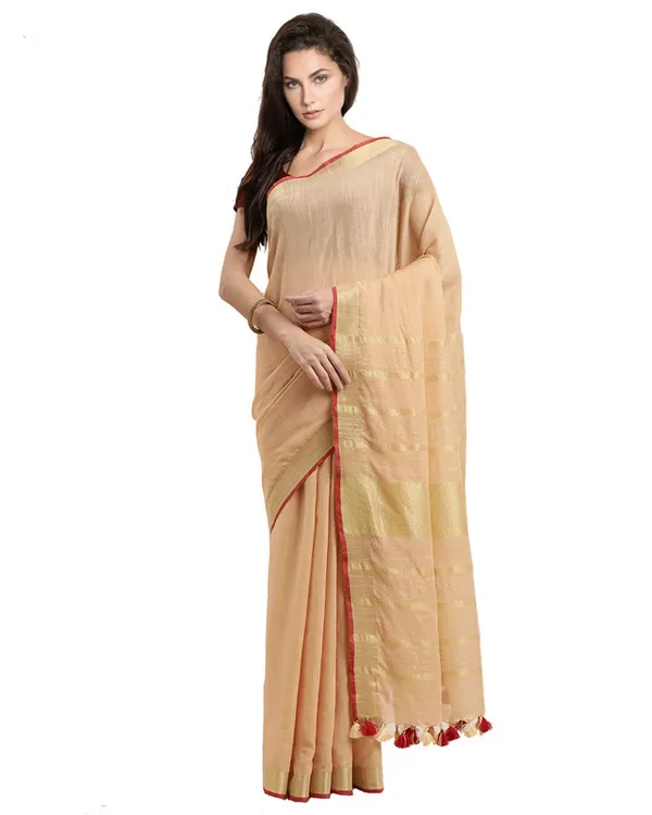 Champagne_Beige_women's_Bhagalpuri_Handloom_Cotton_Linen_Blend_Saree_With_Contrast_Unstiched_Striped_Blouse_Piece