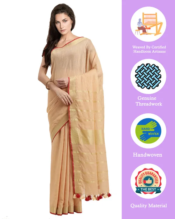 Champagne_Beige_women's_Bhagalpuri_Handloom_Cotton_Linen_Blend_Saree_With_Contrast_Unstiched_Striped_Blouse_Piece