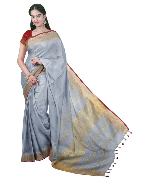 Bhagalpuri_Handloom_Cotton_Linen_Blend_Saree_With_Contrast_Unstiched_Striped_Blouse_Piece