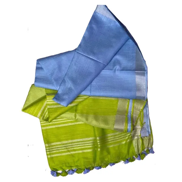 Apple_Green_&_Jordy_Blue_women's_Ethnic_Wear_Bhagalpuri_Handloom_Cotton_Linen_Blend_Two_Dye_Saree_With_Running_Unstitched_Blouse_Piece