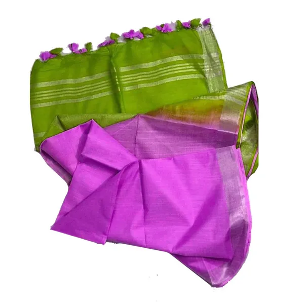Apple_Green_&_Ultra_Pink_women's_Ethnic_Wear_Bhagalpuri_Handloom_Cotton_Linen_Blend_Two_Dye_Saree_With_Running_Unstitched_Blouse_Piece