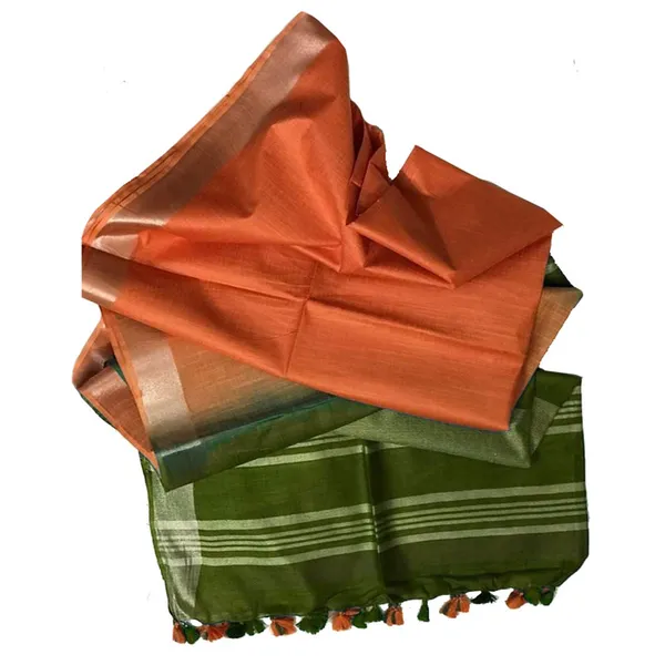 Avocado_Green_&_Coral_Orange_women's_Ethnic_Wear_Bhagalpuri_Handloom_Cotton_Linen_Blend_Two_Dye_Saree_With_Running_Unstitched_Blouse_Piece