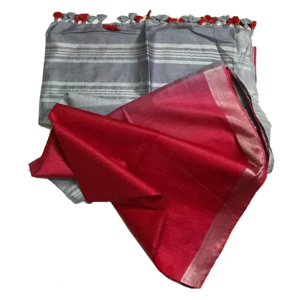Grey_&_Bright_Red_women's_Ethnic_Wear_Bhagalpuri_Handloom_Cotton_Linen_Blend_Two_Dye_Saree_With_Running_Unstitched_Blouse_Piece