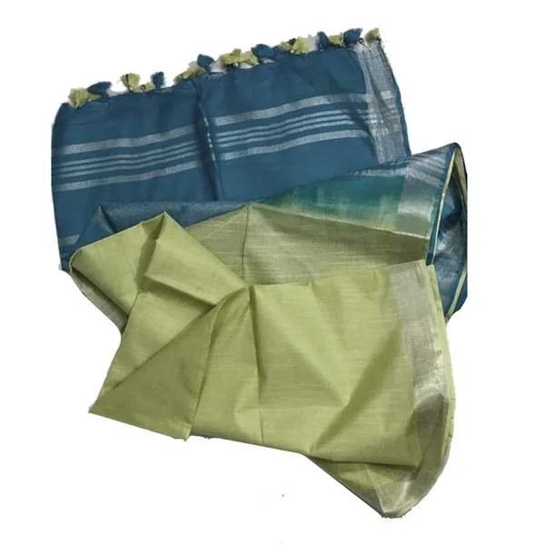 Capri_Blue_&_Olivine_Green_women's_Ethnic_Wear_Bhagalpuri_Handloom_Cotton_Linen_Blend_Two_Dye_Saree_With_Running_Unstitched_Blouse_Piece