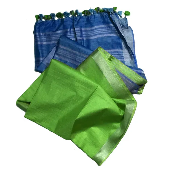 Cerulean_Cyan_&_Green_women's_Ethnic_Wear_Bhagalpuri_Handloom_Cotton_Linen_Blend_Two_Dye_Saree_With_Running_Unstitched_Blouse_Piece
