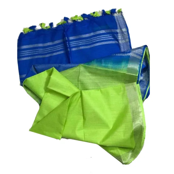 Cobalt_Blue_&_Parrot_Green_women's_Ethnic_Wear_Bhagalpuri_Handloom_Cotton_Linen_Blend_Two_Dye_Saree_With_Running_Unstitched_Blouse_Piece