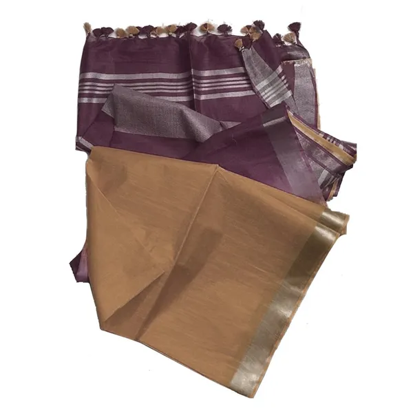 Cordovan_Brown_&_Fallow_Brown_women's_Ethnic_Wear_Bhagalpuri_Handloom_Cotton_Slub_Blend_Two_Dye_Saree_With_Running_Unstitched_Blouse_Piece