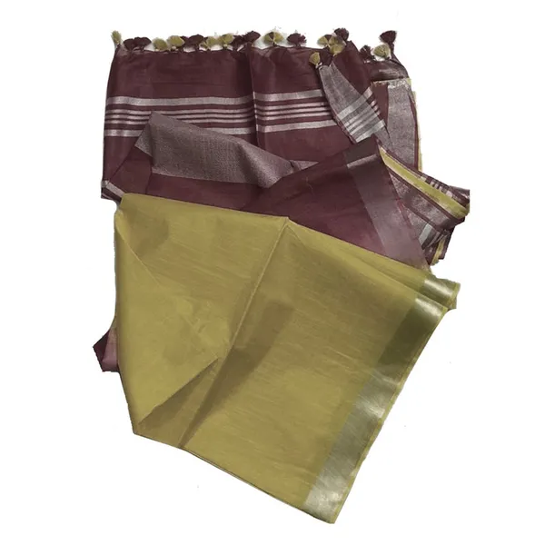 Cordovan_Brown_&_Equator_Tan_women's_Ethnic_Wear_Bhagalpuri_Handloom_Cotton_Slub_Blend_Two_Dye_Saree_With_Running_Unstitched_Blouse_Piece