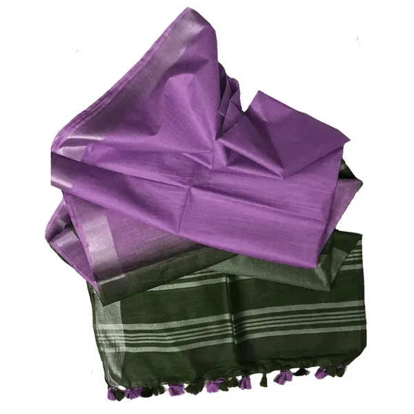 Dark_Moss_Green_&_Wisteria_Purple_women's_Ethnic_Wear_Bhagalpuri_Handloom_Cotton_Slub_Blend_Two_Dye_Saree_With_Running_Unstitched_Blouse_Piece