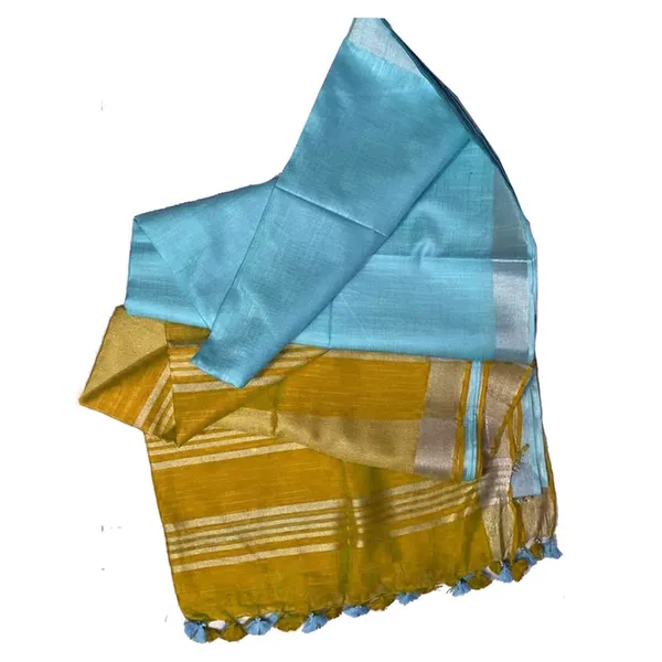 Drab_Green_&_Maya_Blue_women's_Ethnic_Wear_Bhagalpuri_Handloom_Cotton_Slub_Blend_Two_Dye_Saree_With_Running_Unstitched_Blouse_Piece