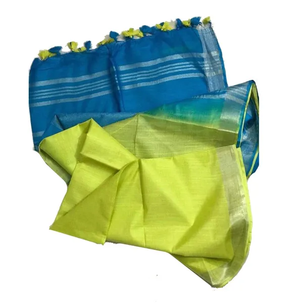 French_Blue_&_Lemon_Yellow_women's_Ethnic_Wear_Bhagalpuri_Handloom_Linen_Blend_Two_Dye_Saree_With_Running_Unstitched_Blouse_Piece
