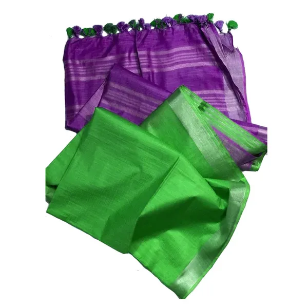 French_Violet_&_Screamin_Green_women's_Ethnic_Wear_Bhagalpuri_Handloom_Linen_Blend_Two_Dye_Saree_With_Running_Unstitched_Blouse_Piece