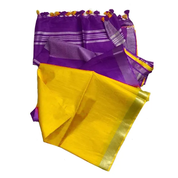 French_Violet_&_Yellow_women's_Ethnic_Wear_Bhagalpuri_Handloom_Linen_Blend_Two_Dye_Saree_With_Running_Unstitched_Blouse_Piece