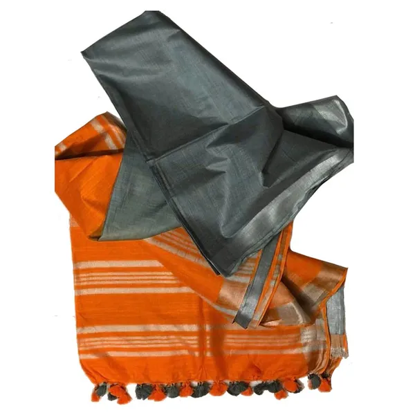 Grey_&_Orange_Bhagalpuri_women's_Ethnic_Wear_Handloom_Cotton_Zari_Border_Two_Dye_Saree_With_Running_Unstitched_Blouse_Piece
