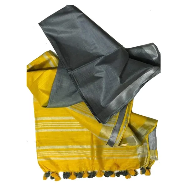 Grey_&_Yellow_women's_Ethnic_Wear_Bhagalpuri_Handloom_Linen_Slub_Blend_Two_Dye_Saree_With_Running_Unstitched_Blouse_Piece
