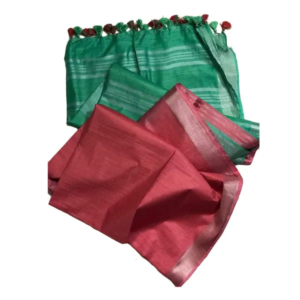 Jungle_Green_&_Brink_Pink_Bhagalpuri_Handloom_women's_Ethnic_Wear_Cotton_Slub_Blend_Two_Dye_Saree_With_Running_Unstitched_Blouse_Piece