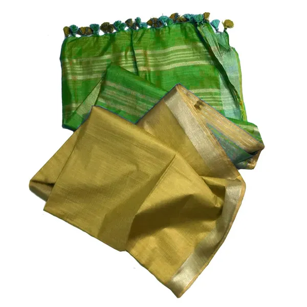 Kelly_Green_&_Equator_Tan_Bhagalpuri_Handloom_women's_Ethnic_Wear_Cotton_Slub_Blend_Two_Dye_Saree_With_Running_Unstitched_Blouse_Piece