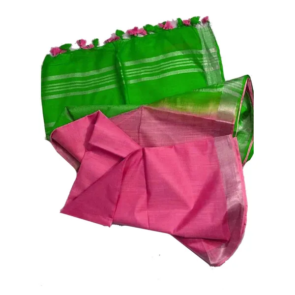 Kelly_Green_&_Power_Pink_Bhagalpuri_Handloom_women's_Ethnic_Wear_Cotton_Slub_Blend_Two_Dye_Saree_With_Running_Unstitched_Blouse_Piece