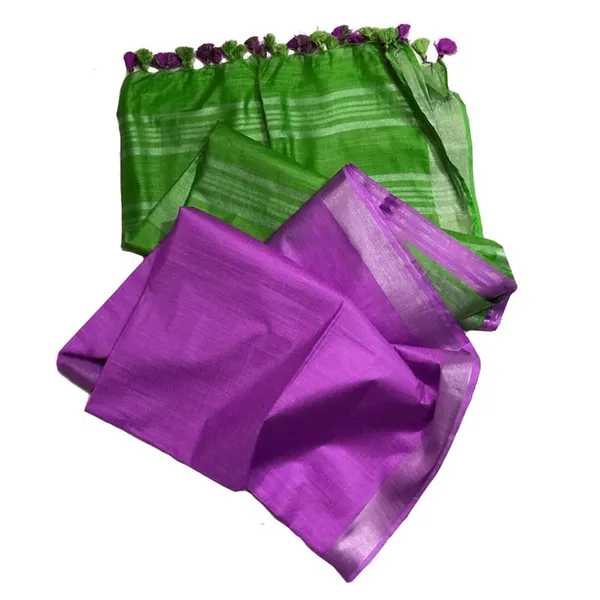 Kelly_Green_&_Steel_Purple_Bhagalpuri_Handloom_women's_Ethnic_Wear_Cotton_Slub_Blend_Two_Dye_Saree_With_Running_Unstitched_Blouse_Piece