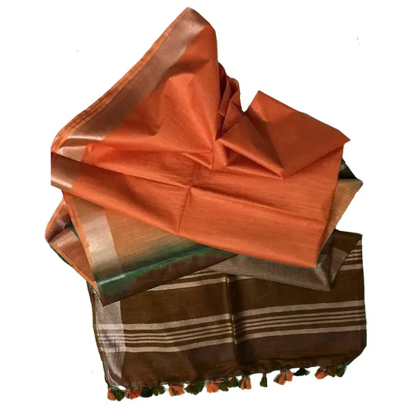 Kobicha_Brown_&_Carol_Orange_Bhagalpuri_women's_Ethnic_Wear_Handloom_Linen_Cotton_Blend_Zari_Border_Two_Dye_Saree_With_Running_Unstitched_Blouse_Piece