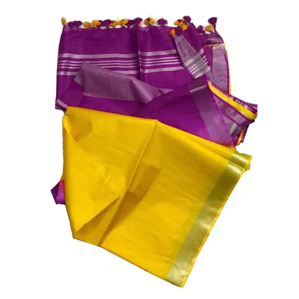 Mardi_Purple_&_Yellow_Bhagalpuri_women's_Ethnic_Wear_Handloom_Linen_Cotton_Blend_Zari_Border_Two_Dye_Saree_With_Running_Unstitched_Blouse_Piece