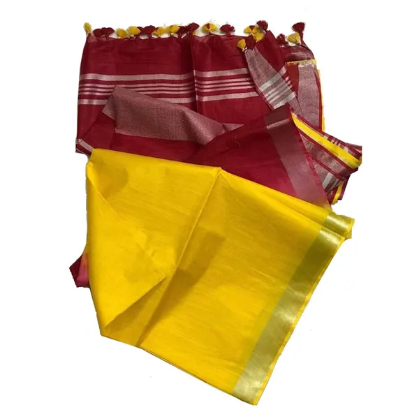 Maroon_&_Canary_Yellow_Bhagalpuri_women's_Ethnic_Wear_Handloom_Linen_Cotton_Blend_Zari_Border_Two_Dye_Saree_With_Running_Unstitched_Blouse_Piece