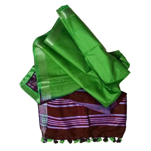 Maroon_&_Kelly_Green_Bhagalpuri_women's_Ethnic_Wear_Handloom_Linen_Cotton_Blend_Zari_Border_Two_Dye_Saree_With_Running_Unstitched_Blouse_Piece